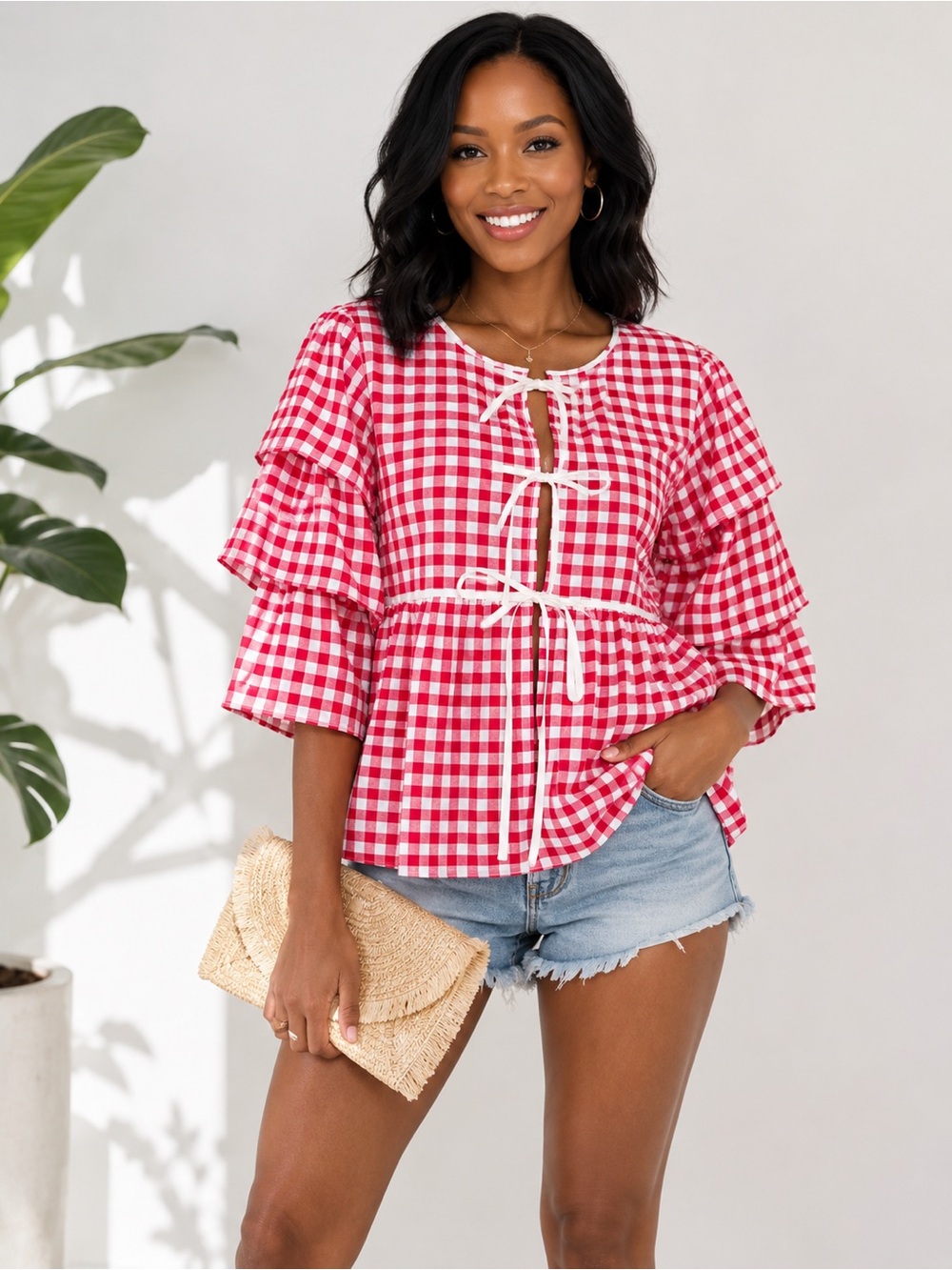 NWT RIVA Red-and-White Tie-Front Peplum Blouse - Size L
